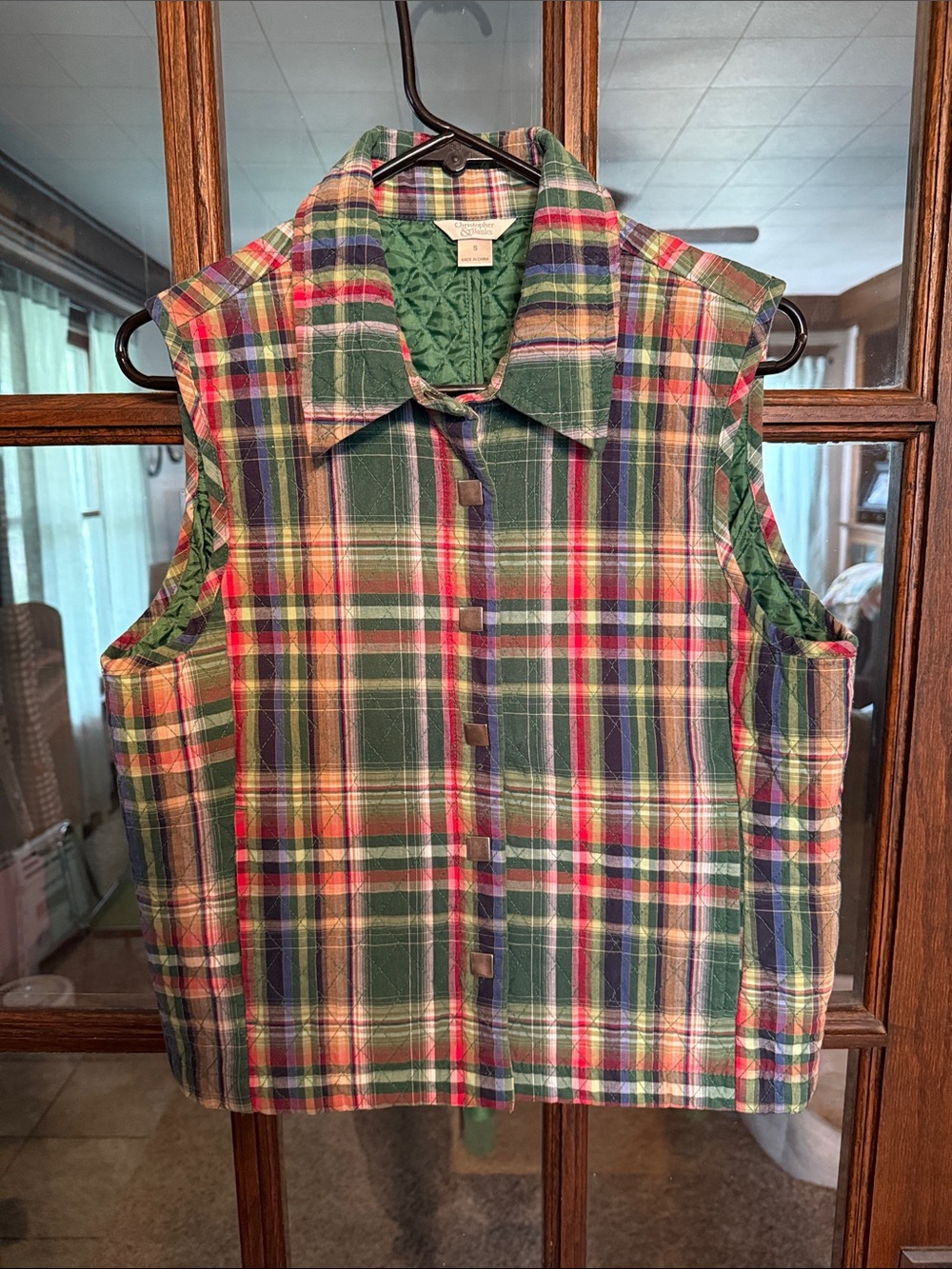 Christopher & Banks Womens Green Plaid Quilted Snap Front Vest Small Sleeveless